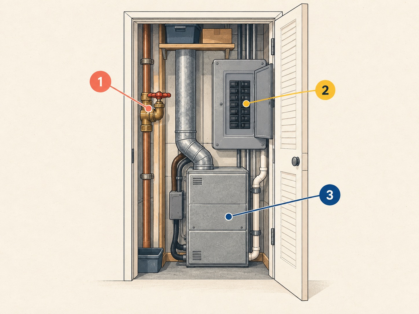 Utility closet with pipes, a shutoff valve, and an electrical cabinet